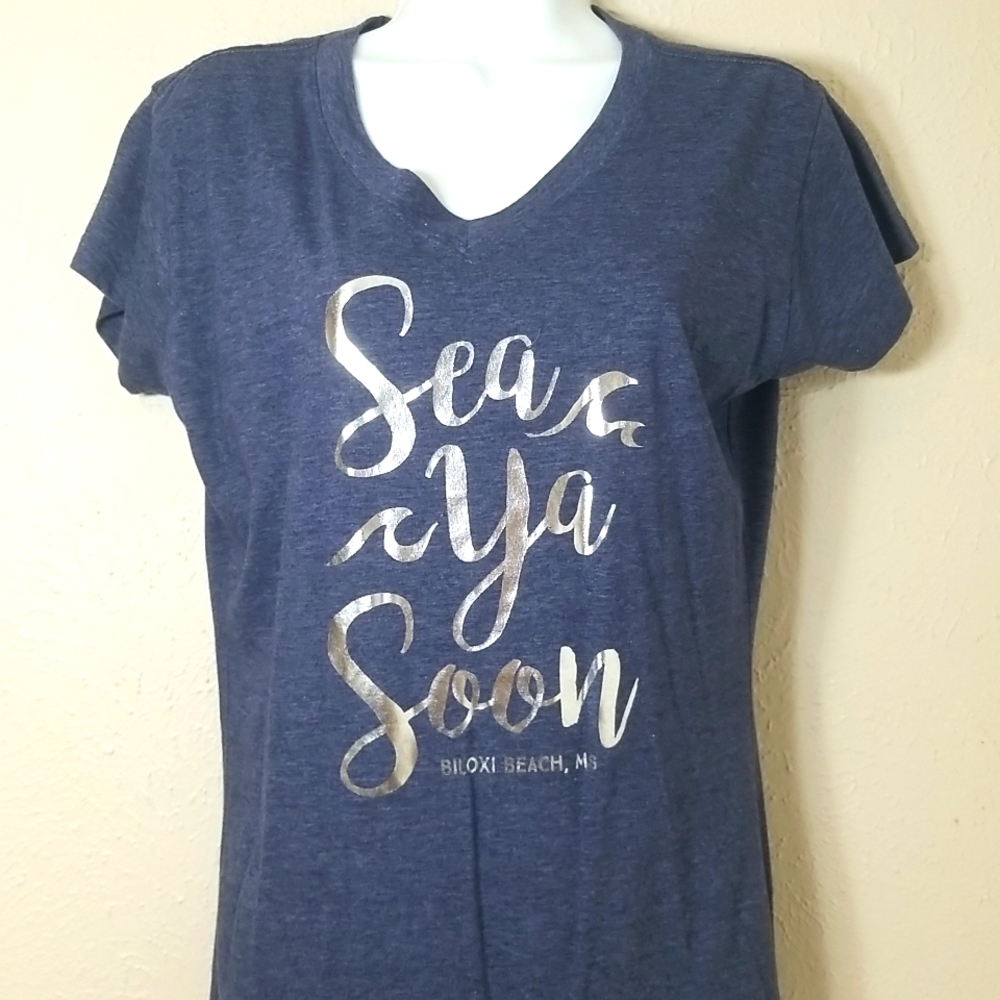 T-shirt "Sea You Soon" Size Large Blue and Silver